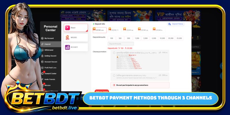 BETBDT payment methods through 3 channels